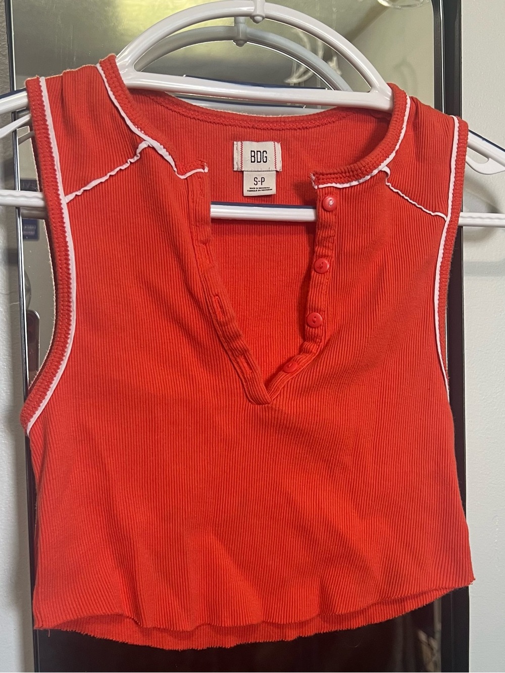 BDG Orange Ribbed Henley Crop Tank with White Trim